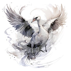 Image of drawing of a swan spreading its wings on white background. Bird. Wildlife Animals. Illustration, Generative AI