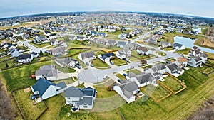 Drone aerial of Midwest American suburban neighborhood houses with ponds and housing addition and cul-de-sac photo