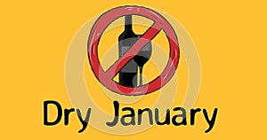 Image of dry january text in black, with red prohibited sign over wine, on yellow background