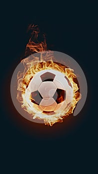 Image Dynamic soccer ball engulfed in flames against a dark background