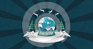 Image of earth day and globe with trees on dark blue background