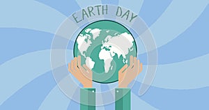 Image of earth day and hand holding globe on spiral blue background