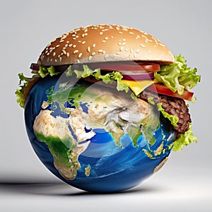 An image of Earth encased in a giant hamburger bun, with the planet\'s surface resembling a patty. AI generated