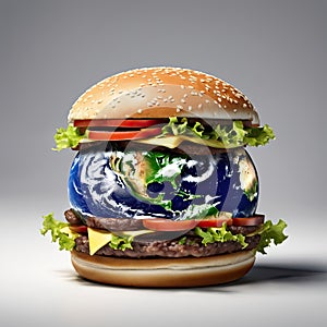 An image of Earth encased in a giant hamburger bun, with the planet\'s surface resembling a patty. AI generated