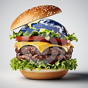 An image of Earth encased in a giant hamburger bun, with the planet\'s surface resembling a patty. AI generated