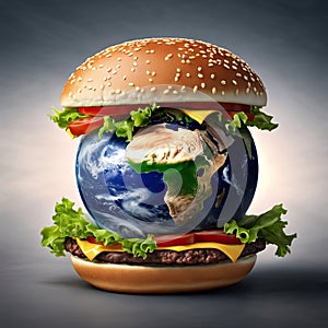 An image of Earth encased in a giant hamburger bun, with the planet\'s surface resembling a patty. AI generated