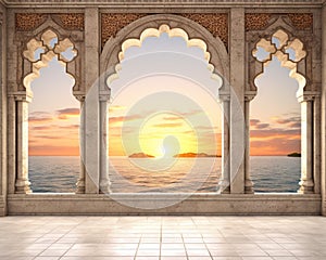 The Eastern arch of the mosc carved architecture has an evening sea view. photo