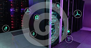 Image of eco icons and data processing over computer servers