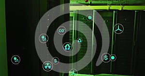 Image of eco icons and data processing over computer servers