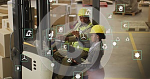 Image of eco icons and data processing over diverse people working in warehouse