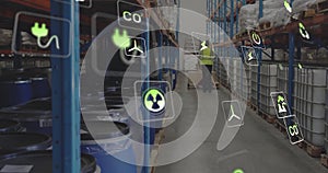 Image of eco icons data processing over warehouse