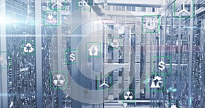 Image of eco icons and digital data processing over computer servers
