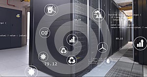 Image of eco icons, digital data processing over computer servers
