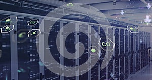 Image of eco icons and digital data processing over computer servers