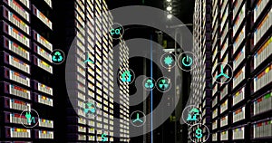 Image of eco icons and digital data processing over computer servers