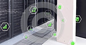 Image of eco icons and digital data processing over computer servers
