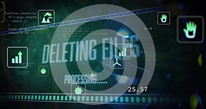 Image of ecology icons and data processing on black background