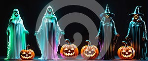 Neon Glowing Pumpkin with Ghost and Bat: A Spooky Halloween Spectacle
