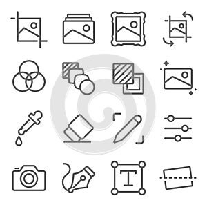 Image Editing icons set vector illustration. Contains such icon as Adjustments, Image Gallery, Camera, Photo, Color and more. Expa photo