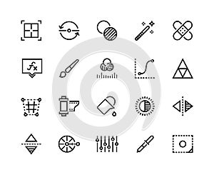 Image editing line icons. Crop, flip and rotation instruments, color balance and tone curve adjustment. Vector editing