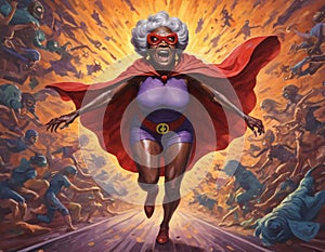 Image of an elderly gray-haired African American woman in a superhero costume outdoors.