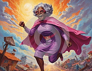 Image of an elderly gray-haired African American woman in a superhero costume outdoors.