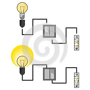 An image of an electrical circuit with a light bulb connected through a switch from an electric packet. Vector