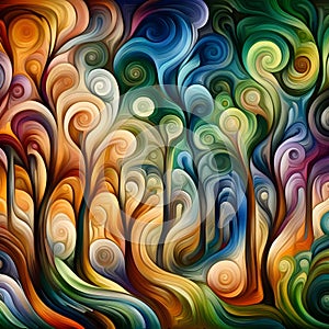 image of elegant colorful forest trees blending together, color oil painting and curling in Vesna Delevska style.