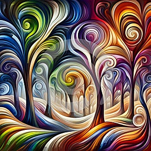 image of elegant colorful forest trees blending together, color oil painting and curling in Vesna Delevska style.