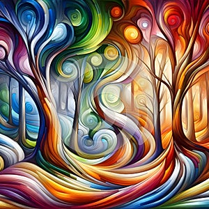 image of elegant colorful forest trees blending together, color oil painting and curling in Vesna Delevska style.