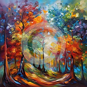 image of elegant colorful forest trees blending together, color oil painting and curling in Vesna Delevska style.