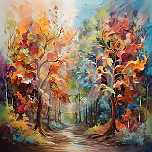 image of elegant colorful forest trees blending together, color oil painting and curling in Vesna Delevska style.