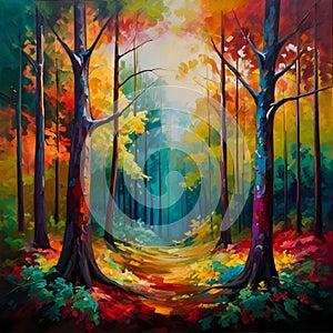 image of elegant colorful forest trees blending together, color oil painting and curling in Vesna Delevska style.
