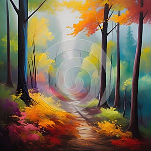 image of elegant colorful forest trees blending together, color oil painting and curling in Vesna Delevska style.