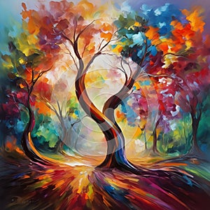 image of elegant colorful forest trees blending together, color oil painting and curling in Vesna Delevska style.