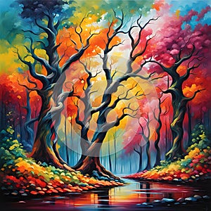 image of elegant colorful forest trees blending together, color oil painting and curling in Vesna Delevska style.