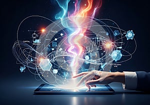 Digital Transformation Concept Hand Interacting with Tablet, Data, and Network