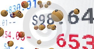 Image of emoji icons floating over stock exchange financial data processing