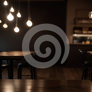 Empty dark wooden table in front of abstract blurred bokeh background of restaurant can be used for display or montage your