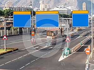 Image of empty highway with blank road direction signs. Place for your text. Copy space