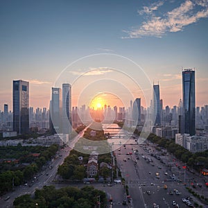 Image of Empty square floor and city skyline with modern buildings at sunrise in Shanghai, China. High Angle view.