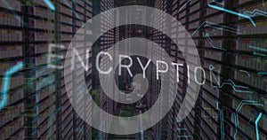 Image of encryption text, binary codes and circuit board pattern over server room