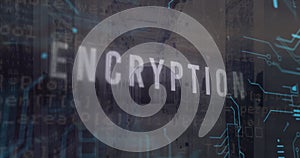 Image of encryption text and computer language over server room