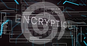 Image of encryption text over graphs, loading bars, circles and binary codes on black background