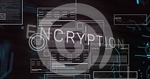 Image of encryption text over graphs, loading bars, circles and binary codes on black background