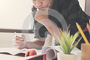 Image of engineer drawing a blue print design building or house, An engineer workplace with blueprints, pencil, protractor and
