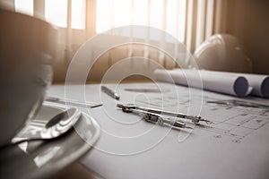 Image of engineering objects on workplace top view.Construction