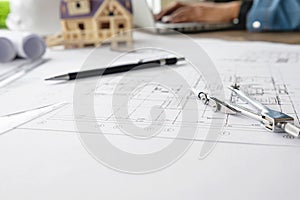 Image of engineering objects on workplace top view.Construction