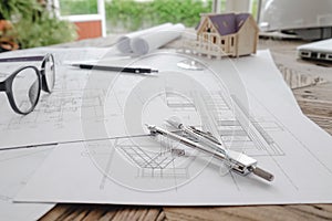 Image of engineering objects on workplace top view.Construction