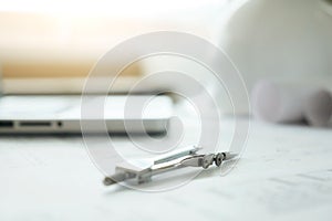 Image of engineering objects on workplace top view.Construction